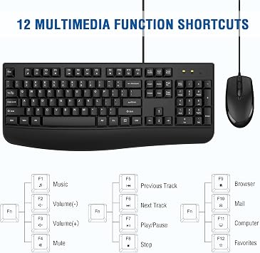 Wired Keyboard and Mouse Combo, EDJO Full-Sized Ergonomic Computer Keyboard with Palm Rest and Optical Wired Mouse for Windows, Mac OS Desktop/Laptop/PC
