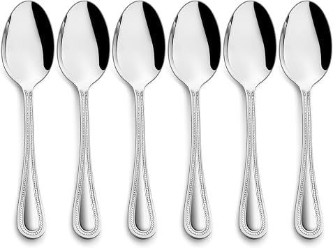 HaWare 6 Pieces Serving Spoons, Stainless Steel Silverware Serving Utensils, Pearled Edge Hostess Silverware for Buffet Party Kitchen Restaurant, Mirror Finished & Dishwasher Safe