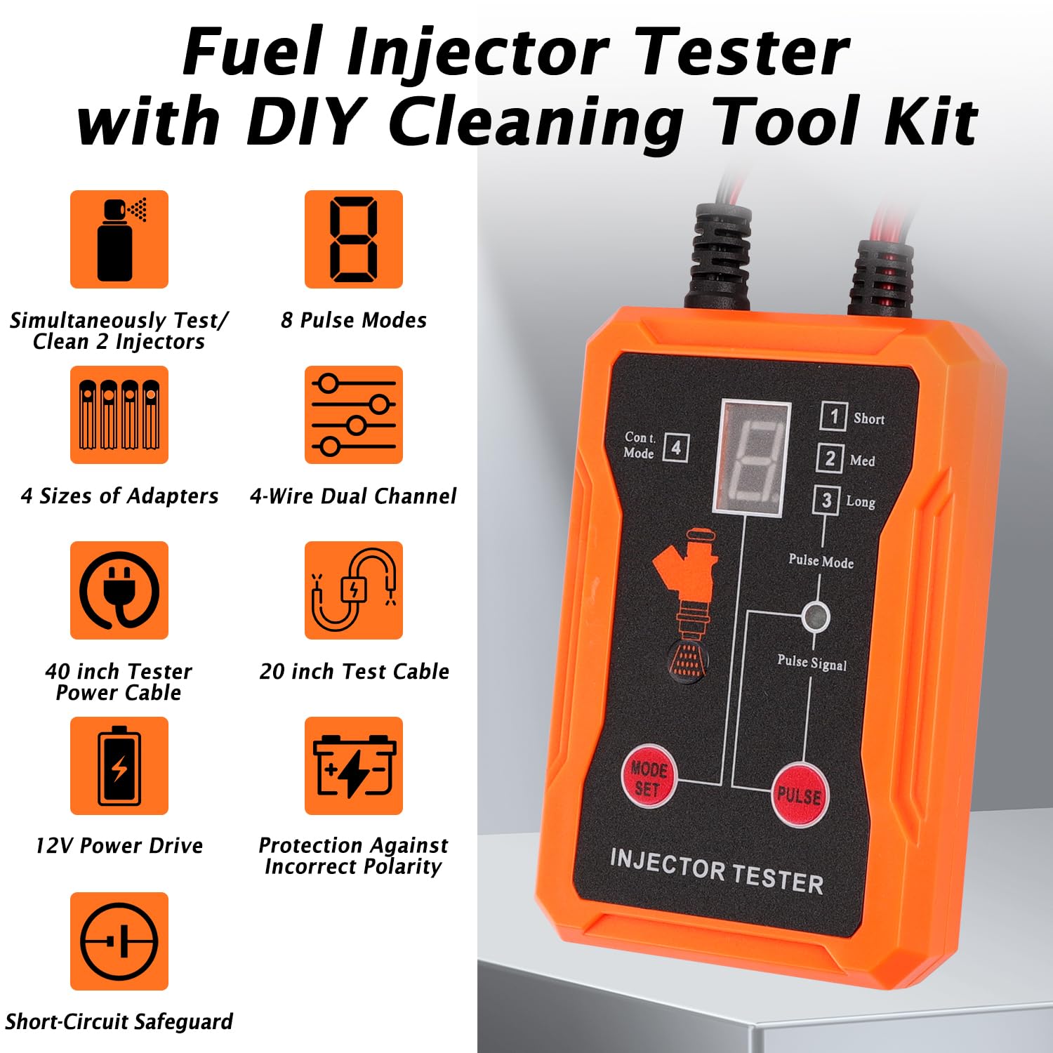 Erato Tester iniettore di carburante per auto con attrezzi di pulizia fai-da-te 8 modalità a impulsi 4 adattatori a 4 fili iniettore a doppio canale iniettore tester kit di pulizia universale