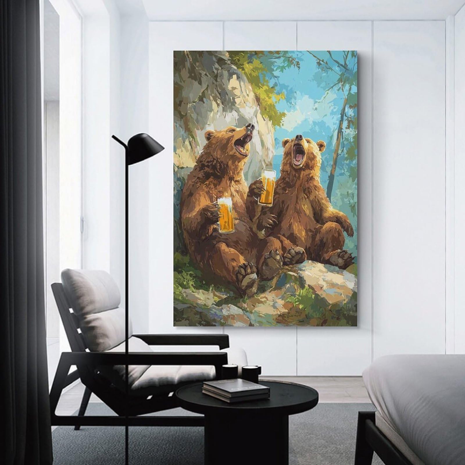 Junmoney Unframe-Style-4 Decorative Wall Artwork Two Bears Drinking Beer, 20X30inch(50X75cm), For Sofa Walls, Lounge Or Home Corners, Modern Wall Decor For Cosy Interiors
