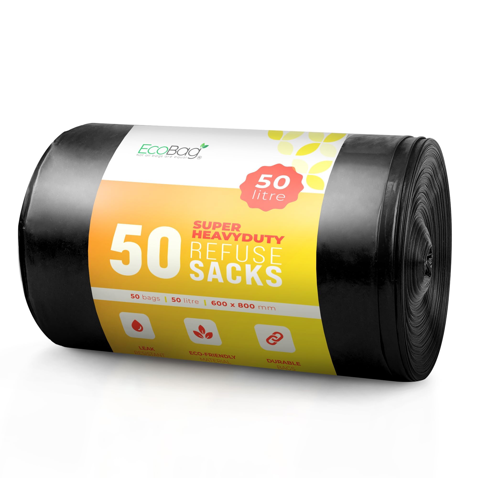 EcoBag - Extra Strong Heavy Duty Refuse Sacks - Recyclable Bin Bags, Leak Resistant, Eco-Friendly, Durable Waste Disposal Bags for Household & Commercial Use, 35 Micron (Μm) / 50l