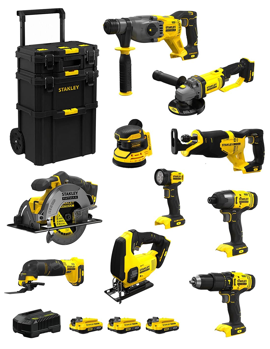 STANLEY FatMax Kit SVK1000 (SFMCH900 + SFMCG400 + SFMCD711 + SFMCF800 + SFMCS500 + SFMCS600 + SFMCW220 + SFMCS300 + SFMCE500 + SFMCL020 + 3 Baterías de 2,0 Ah + Cargador + Carro 3en1)