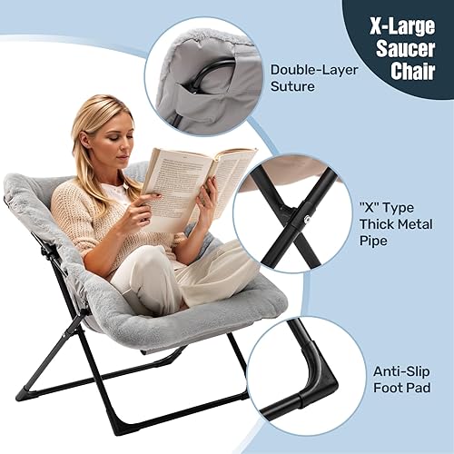 Miniatura 6 de HollyHOME Silla Platillo Extra Grande, Silla Plegable Cómoda de Tamaño Grande, Silla de Lectura de Pelo Sintético para Adolescentes, Adultos, Silla