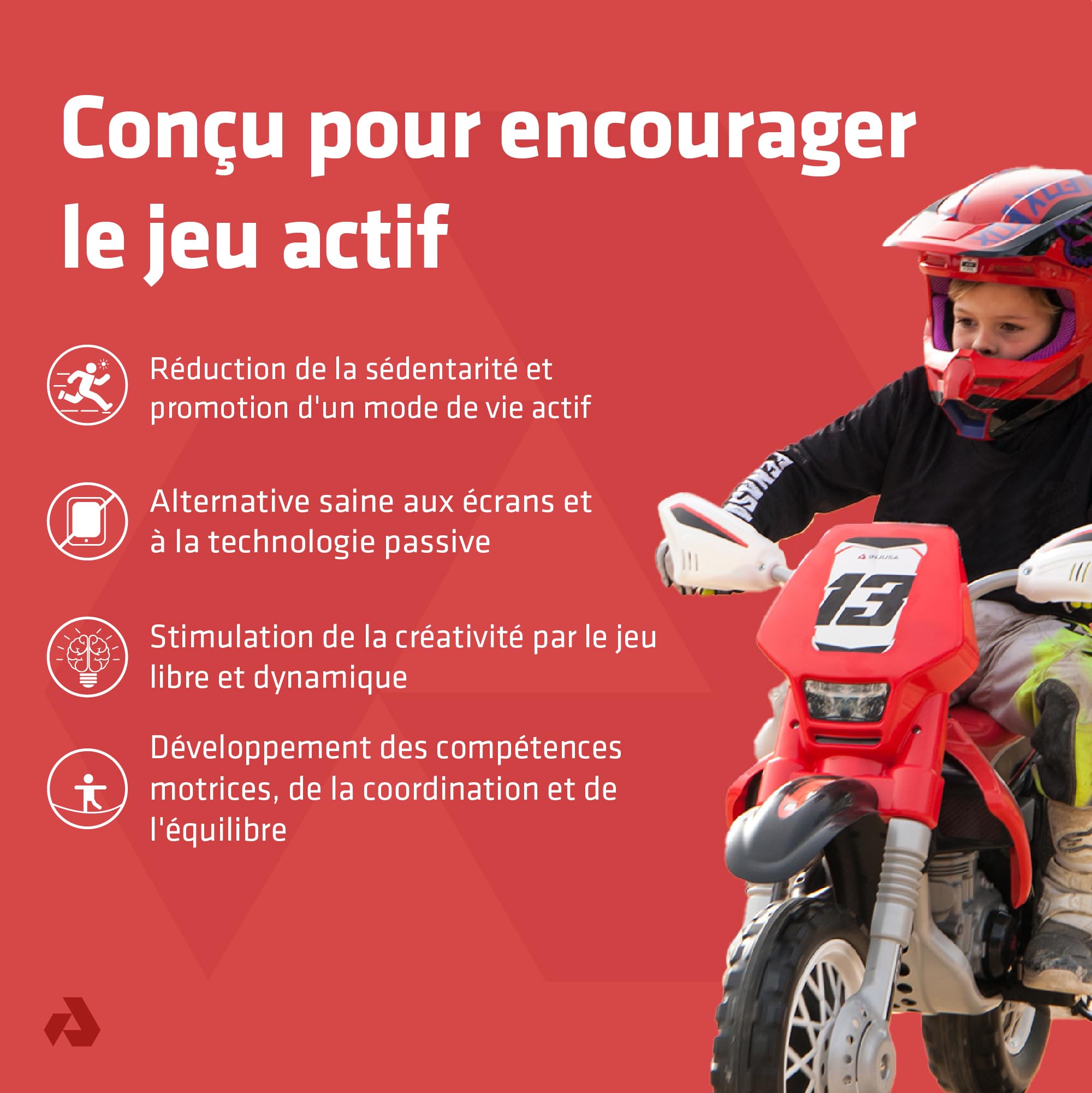INJUSA Moto Électrique Enfant 12V Thunder Max VX – Moto Cross pour Enfants 3 à 6 Ans, 6 km/h, Accélérateur au Poignet, Frein Électrique, Roues Stabilisatrices, Rouge