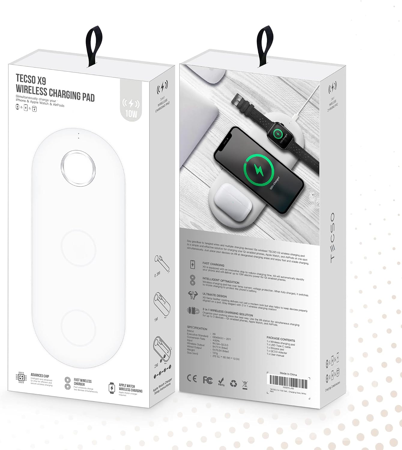 TECSO 3 in 1 Wireless Charging Pad for Apple Devices Such as Apple Watch, AirPods, and iPhone, for All Qi-Enabled Smartphones, Qi Certified, 25W Fast Charging pad, QC3.0 Adapter + Apple Watch Charger