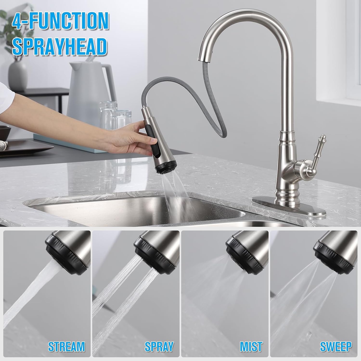 Single Handle High Arc Brushed Nickel Pull Out Kitchen Faucet, Single Level Stainless Steel Kitchen Sink Faucets with Pull Down Sprayer