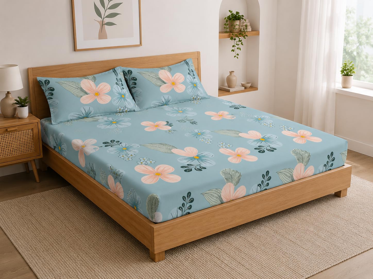 LOOMLYFE 300 TC Cotton Feel Glace Cotton Elastic Fitted Printed King Size Double Bed Bedsheet with 2 Pillow Covers Fits Upto 8 inches Mattress, Size- 72X78 Inches, Skypeachflower
