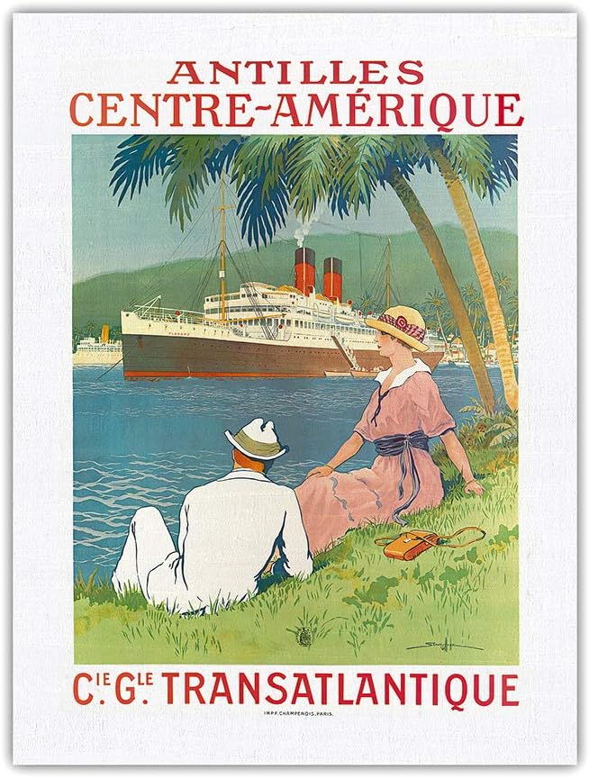 Antilles Central America - (CIE GLE) (French Line) - SS Flandre Cruise Ship - Vintage Ocean Liner Travel Poster by Sandy Hook c.1970s - 100% PURE SILK Dupioni Fabric Print 18 x 24in