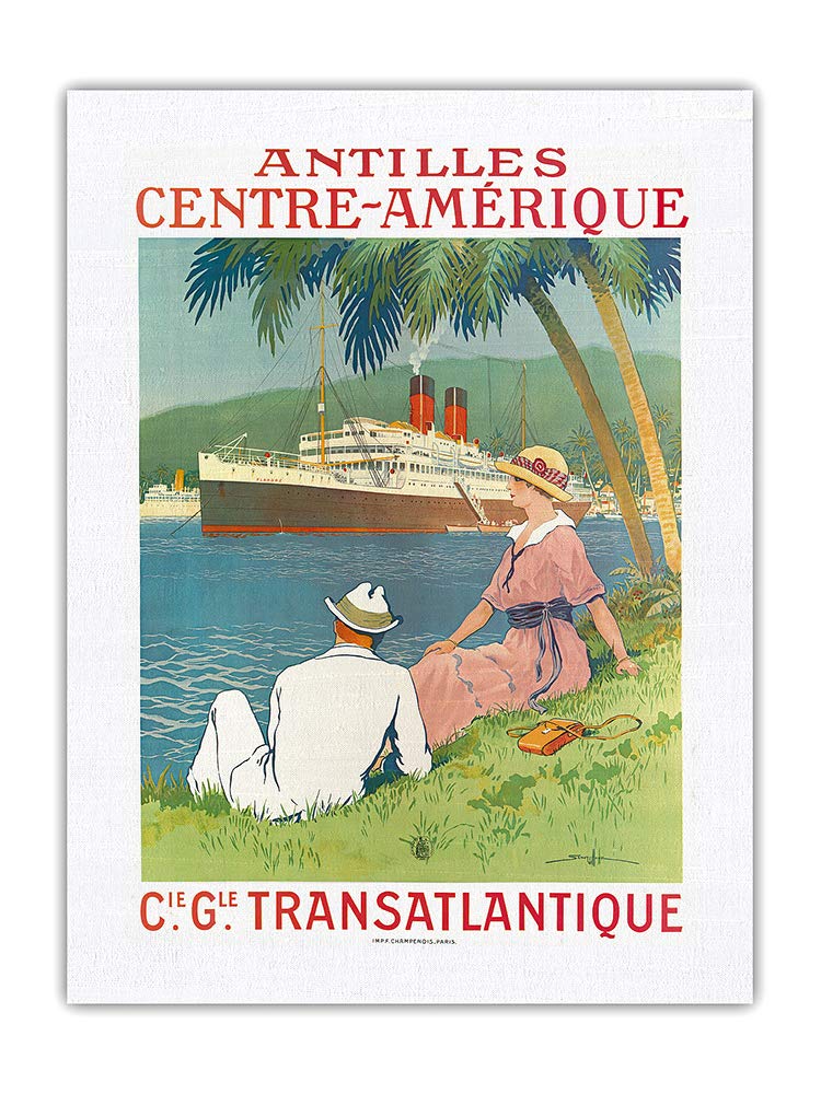 Antilles Central America - (CIE GLE) (French Line) - SS Flandre Cruise Ship - Vintage Ocean Liner Travel Poster by Sandy Hook c.1970s - 100% PURE SILK Dupioni Fabric Print 18 x 24in