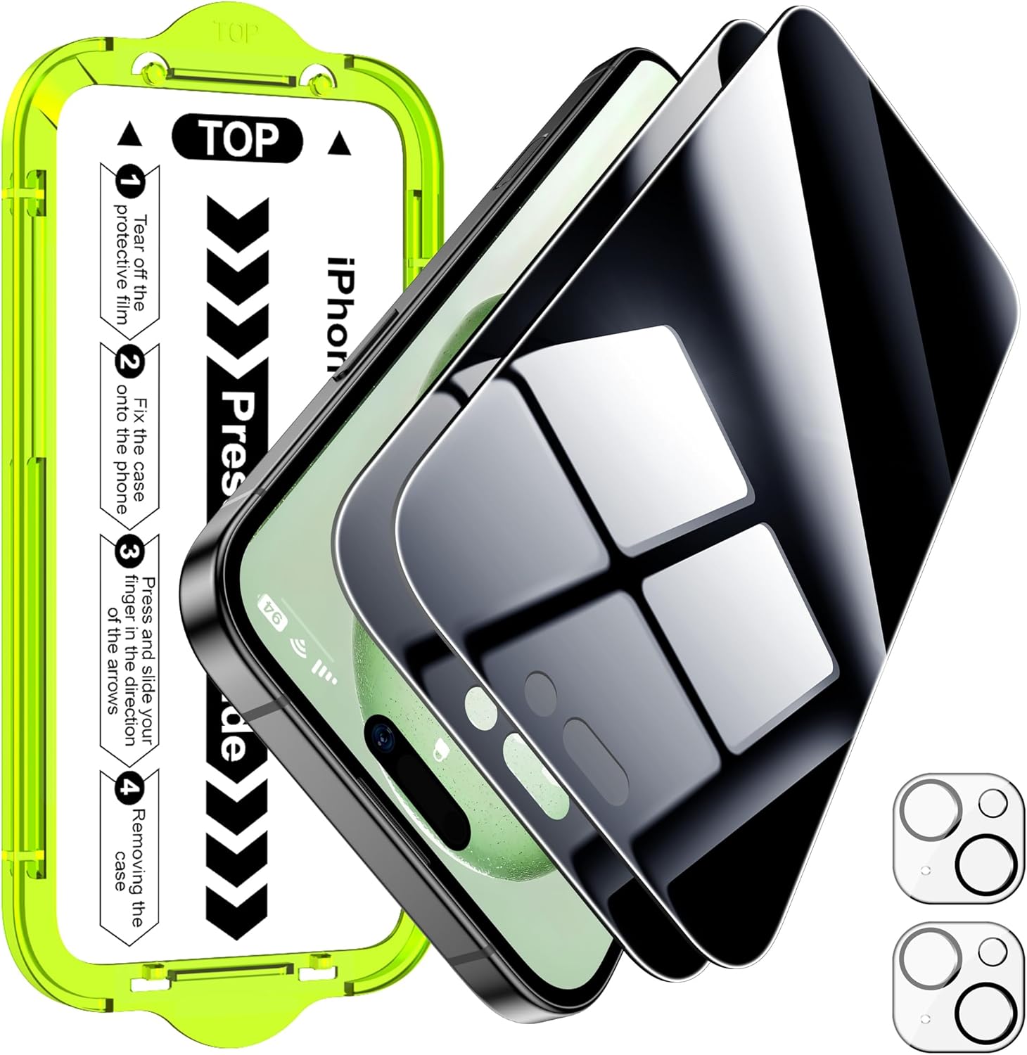 Esanik [2+2 Pack for iPhone 15 Privacy Screen Protector – Anti-Spy Tempered Glass & no Camera Lens included, Military-Grade 9H Hardness, Anti-Scratch, Flawless Fit Tray 15-6.1''