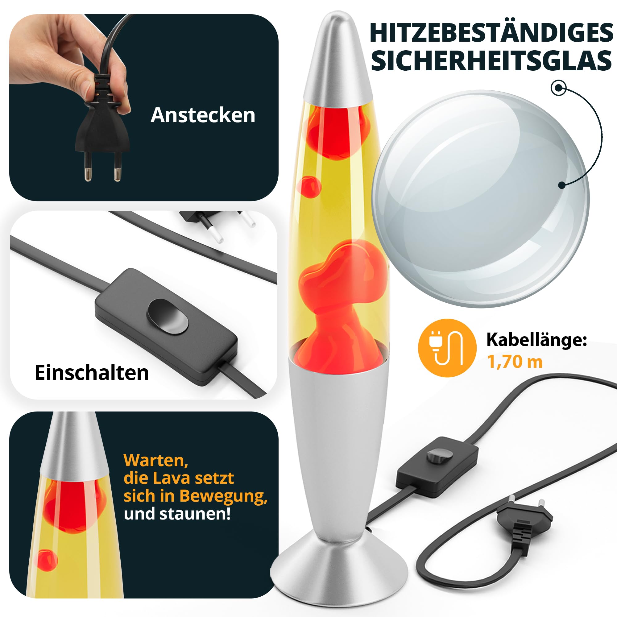 Lavalampe (rot) | Rote Wachslampe | Originell und handliche Tischlampe mit 1,7 m Kabel & Ersatzleuchtmittel | Retro-Design