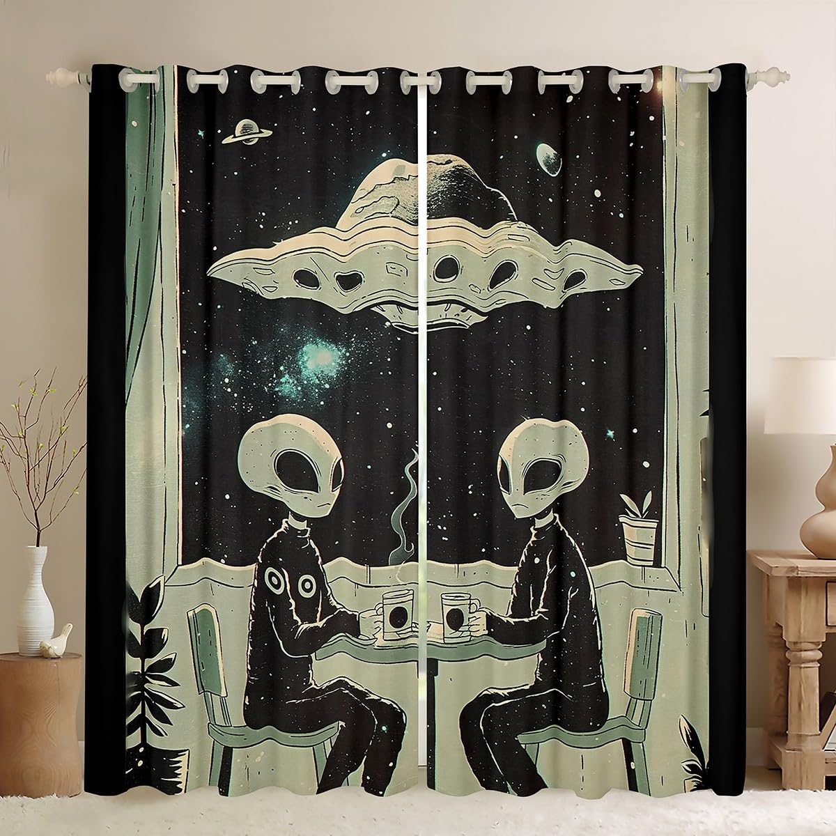Rideaux de fenêtre extraterrestre au motif imprimé unique 2 panneaux