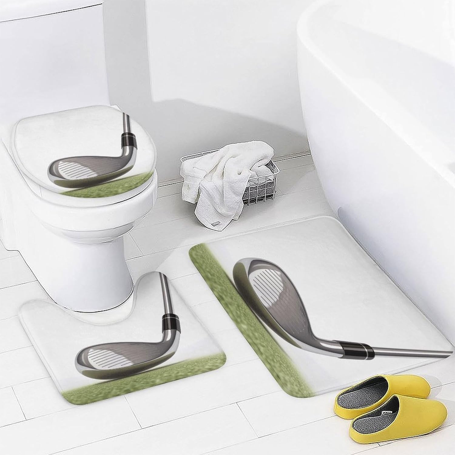 Golf Club Bathroom Rugs Sets 4 Piece | Shower curtain sets, non-slip absorbent soft flannel bath mat, u-shaped toilet mat & lid cover, bathroom decor accessories
