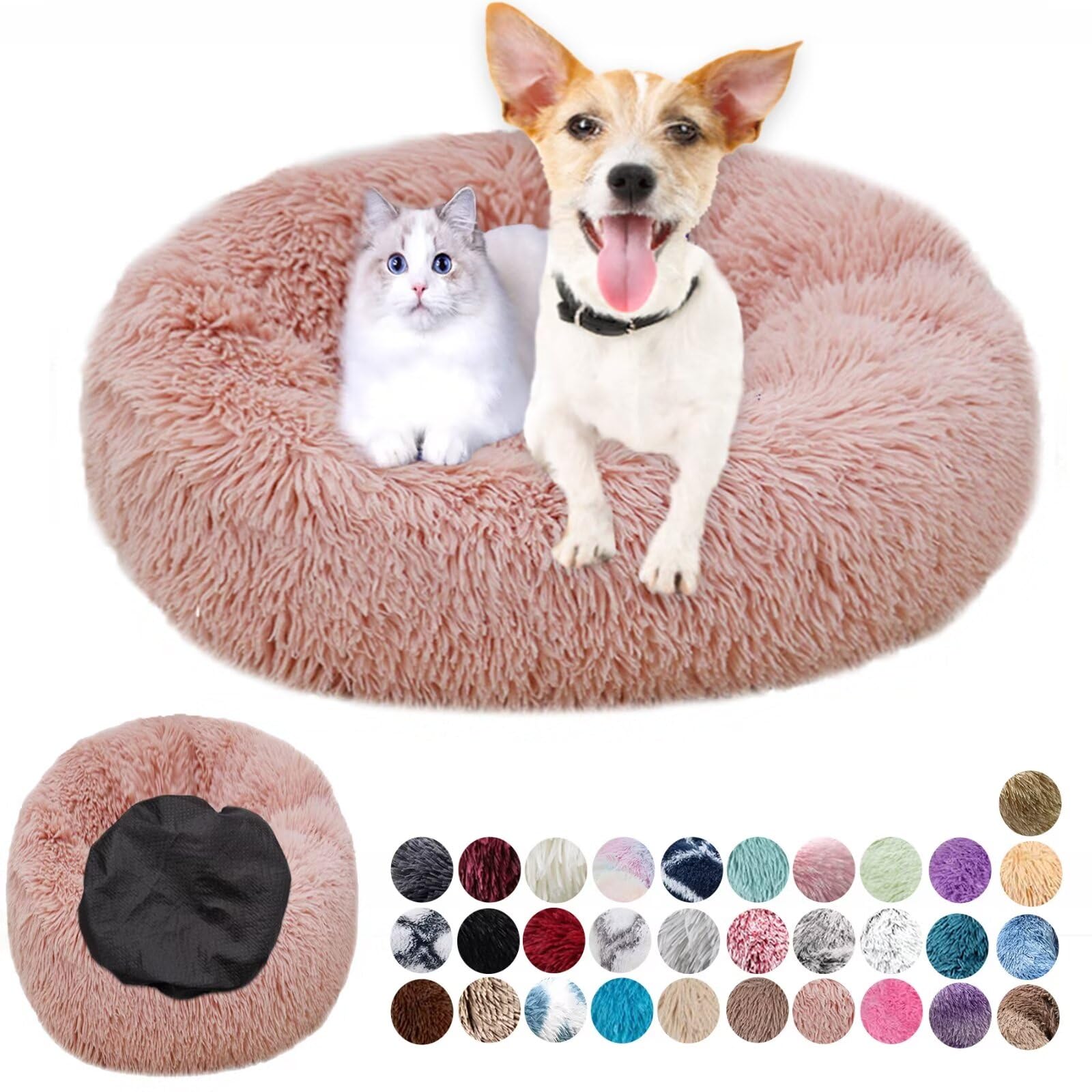 Dog Bed Soft Fluffy Round Dog Houses Calming Pet Beds Plush Anti Anxiety, Anti-Slip Cat Bed Easily Washable Dog Beds Improving Sleeping and Warm, Small Medium Large Pink 40cm