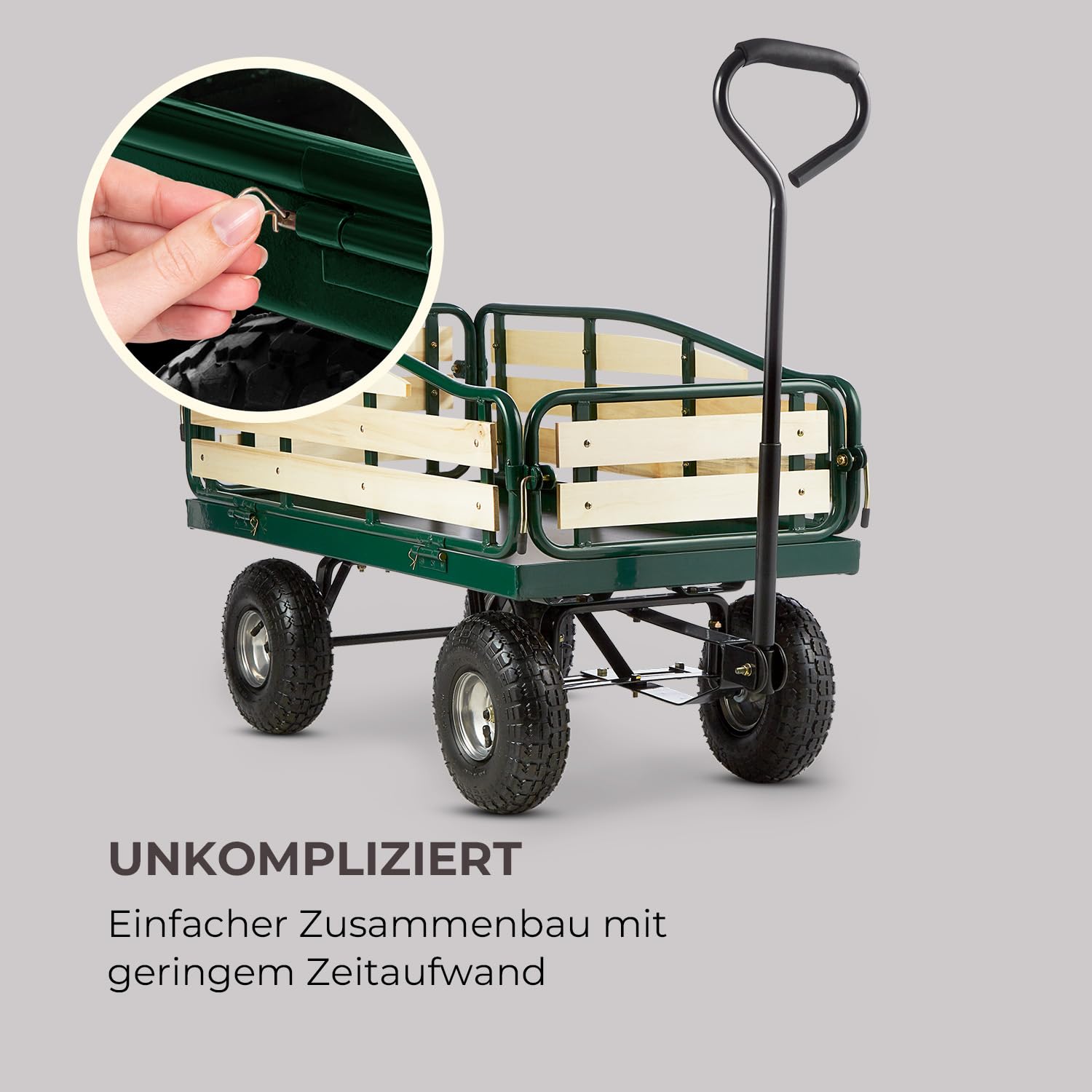 Waldbeck Ventura - Bollerwagen, Handwagen, abklappbare Seitenteile, witterungsbeständig, 300 kg Belastbarkeit, Transport Schwerer Lasten, Stabiler Rahmen, großer Laderaum, dunkelgrün
