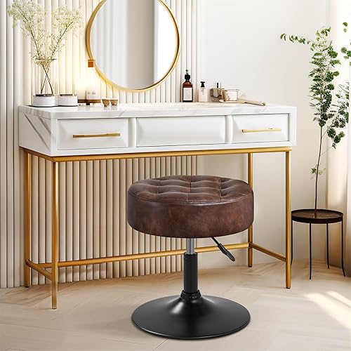 Miniatura 2 de Furnimart Taburete otomano redondo de piel sintética, moderno puf acolchado tapizado, taburete de maquillaje para dormitorio, sala de estar, entrada