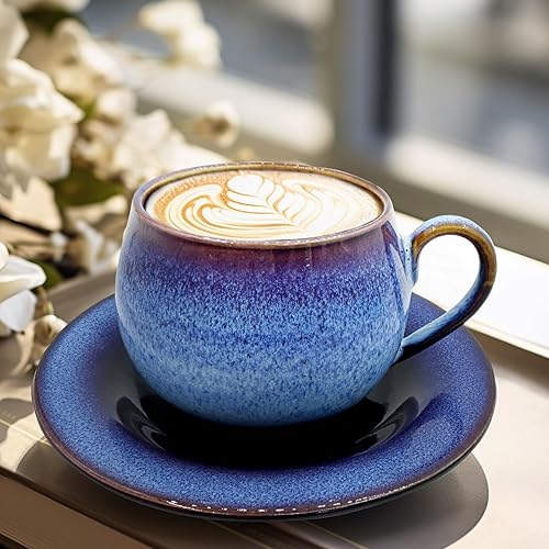 Miniatura 3 de Plaxico & Bertunga - Tazas de café de cerámica vintage de porcelana, tazas y platillos únicos de capuchino, taza de café expreso para barista, taza