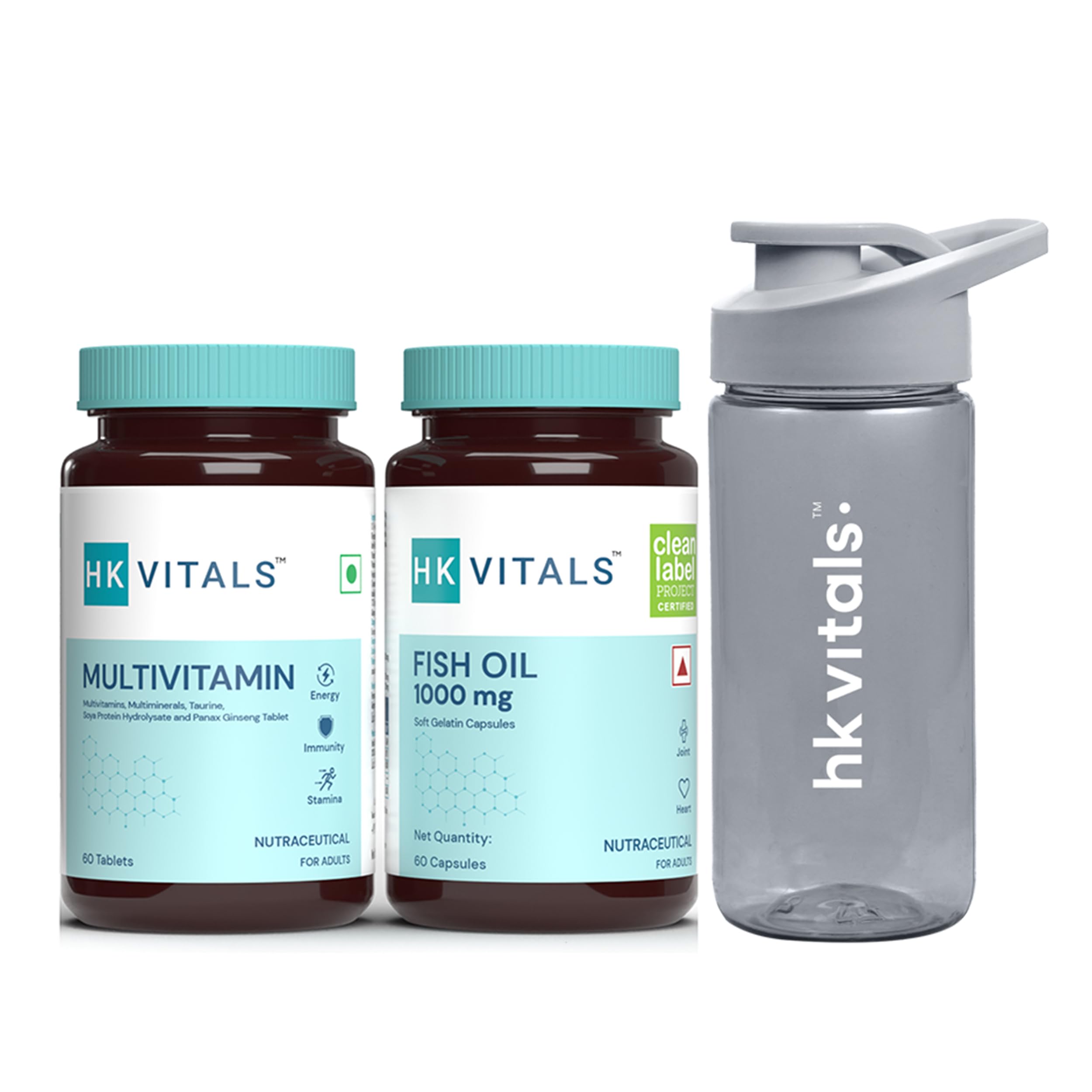 HealthKart HK Vitals Fish Oil and Multivitamin Combo, 60 Omega 3 Fish Oil Capsules (1000 mg Omega 3 with 180 mg EPA & 120 mg DHA) & 60 Multivitamin Tablets with 300 ml Sipper