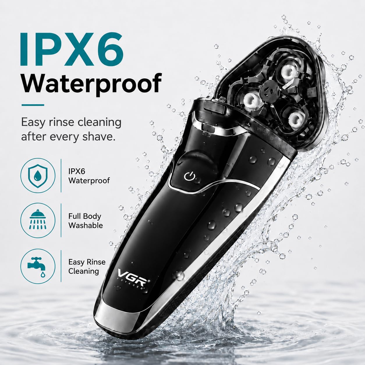 VGR 318 Rasoio Elettrico Senza Fili per Uomo, Testina 3D Girevole, Rifinitore Integrato Estraibile, Impermeabile IPX6, Blocco Anti-Viaggio, Display Digitale LED