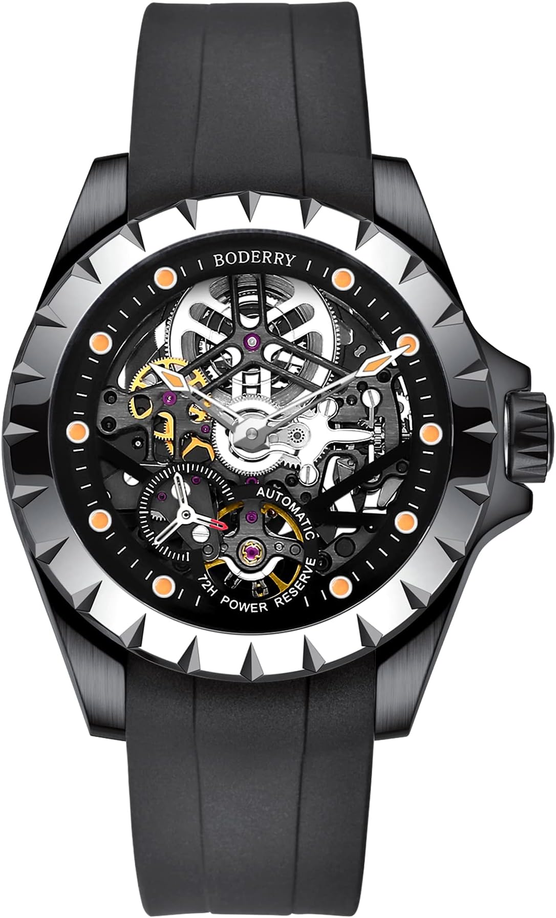 Boderry Original Mens Watches Mechanical Stainless Steel Skeleton Waterproof Automatic Self-Winding Luminous Wrist Watch with Rubber/Leather Strap 72H Power-Reserve