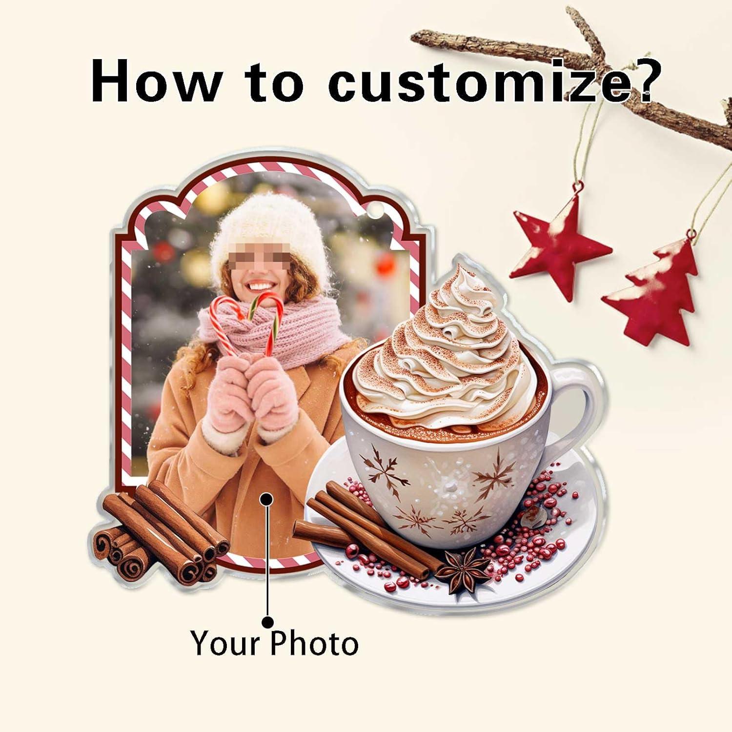 Custom Photo Christmas Hot Cocoa Ornaments Personalized Acrylic Cafe Coffee Mug Cup Xmas Hanging Decoration for Tree Home Coffee Bar(Set of 9)