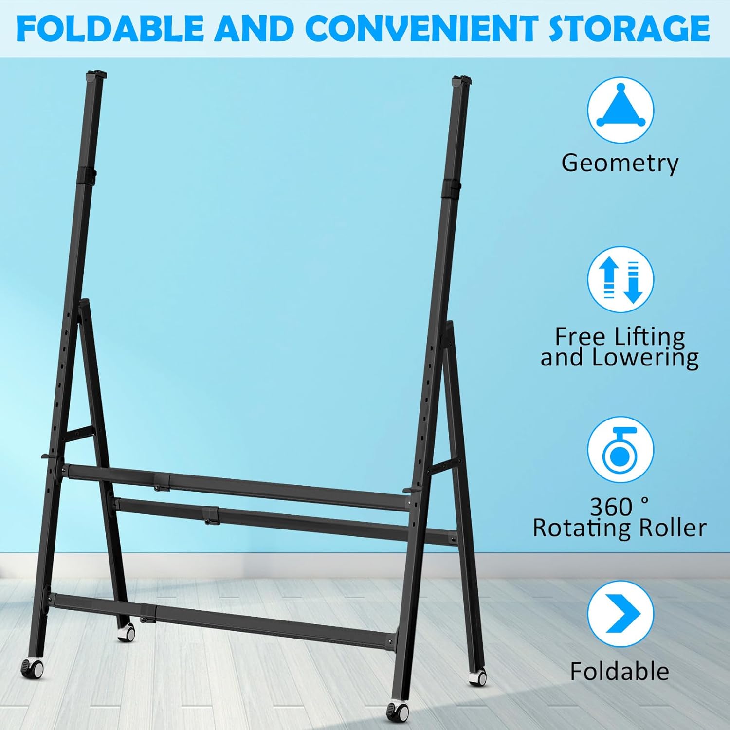 A-Frame Foldable Whiteboard Stand, Height and Width Adjustable, Mobile Stand with Wheels for All Heavy Duty Glass Blackboard, Chalkboard, Bulletin Board, Display Board, Drawing Board (Black)