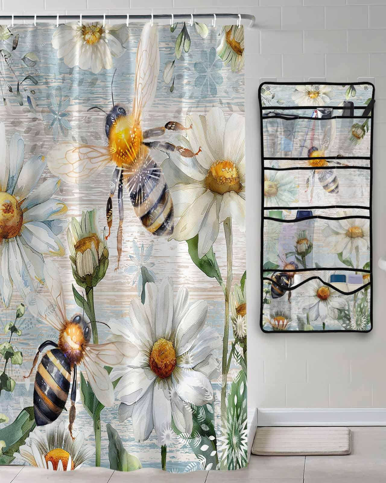 Decorative Shower Curtain Sets Bee Floral Fabric Waterproof Shower Curtains Farmhouse Daisy Flowers Wood Grain Light Blue Mesh
