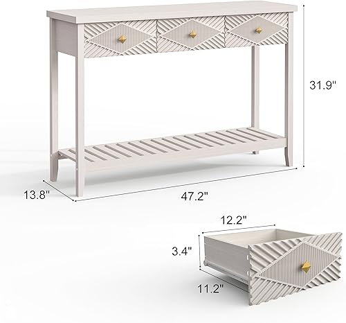 Miniatura 3 de Mesa consola de 47 pulgadas con 3 cajones, mesa de entrada de madera estriada con estante de almacenamiento, mesa de sofá larga estrecha moderna