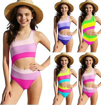 Girls One Piece Swimsuits Spaghetti Strap Cut Out Swim Suit Sleeveless Color Block Swimsuit Summer Beach Swimwear