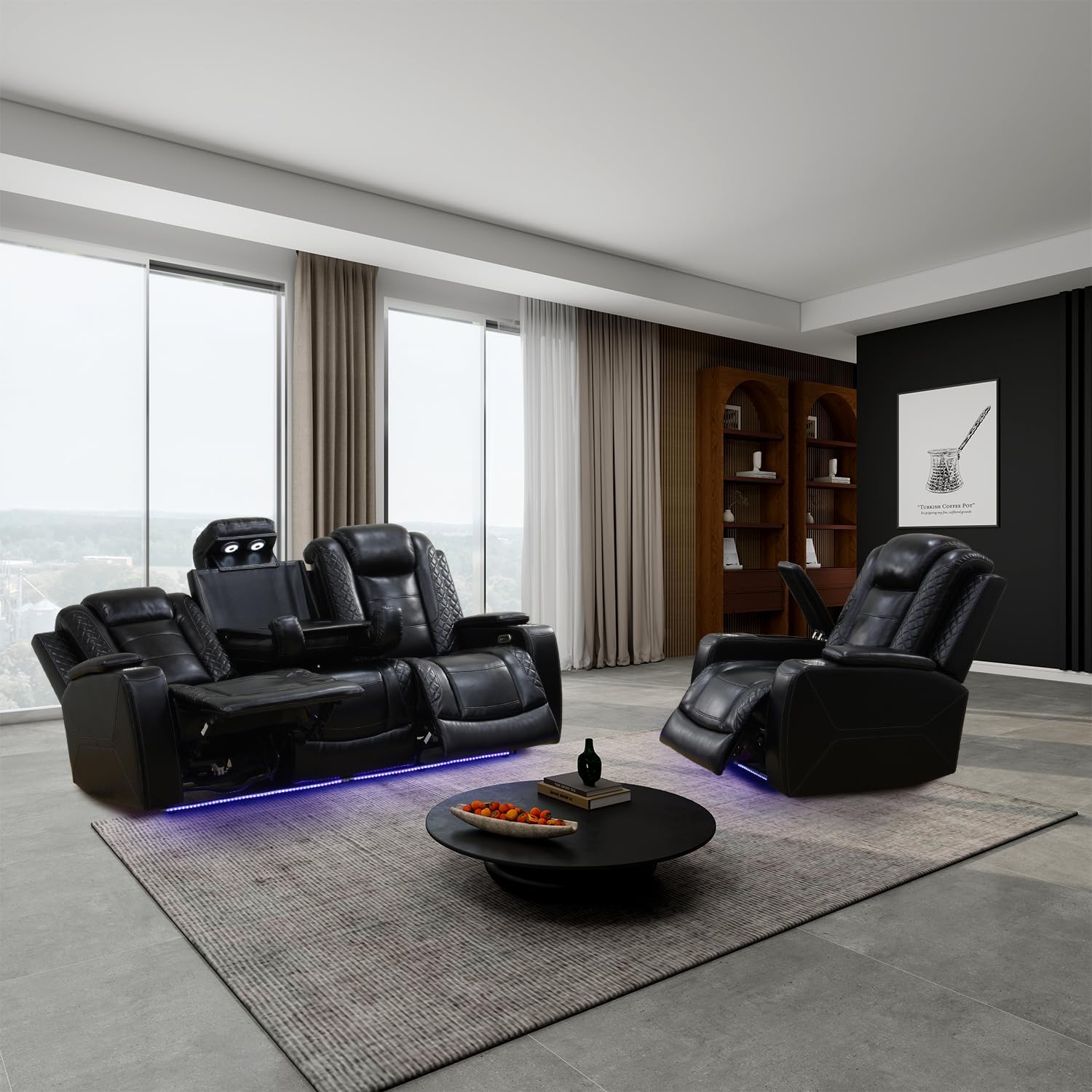 Power Recliner Sofa Set with LED Lights for Living Room Furniture Set, Off White Leather Reclining Couch Set, Recliner Couch with USB Port and Cup Holders, Loveseat and Chair