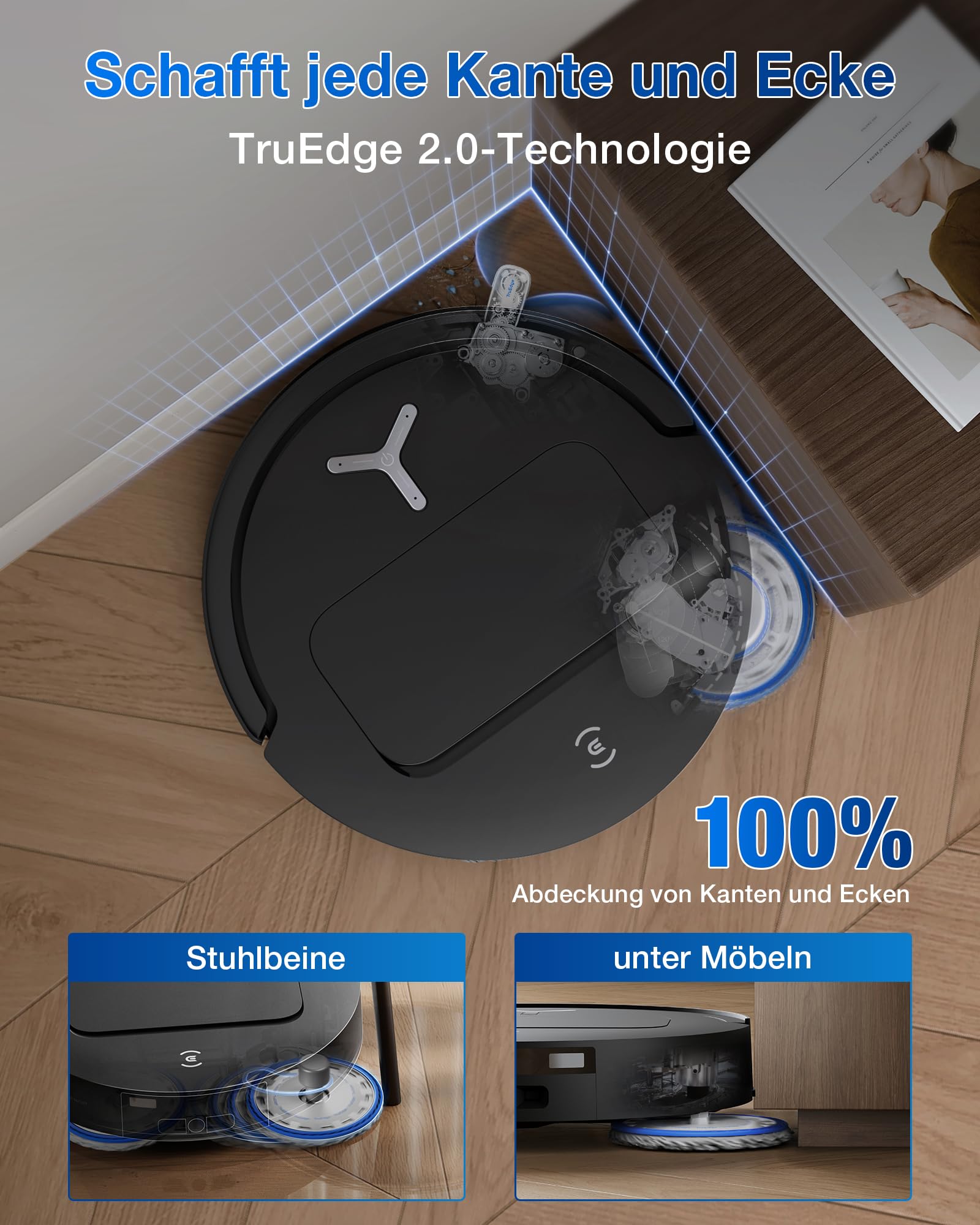 ECOVACS T50 Omni Gen2 Saugroboter mit Wischfunktion 21.000 Pa, ZeroTangle | Roboterstaubsauger, Ausziehbare Seitenbürste und Mopp, Moppwäsche mit 75°C heißem Wasser, All-in-One Station, Silberschwarz