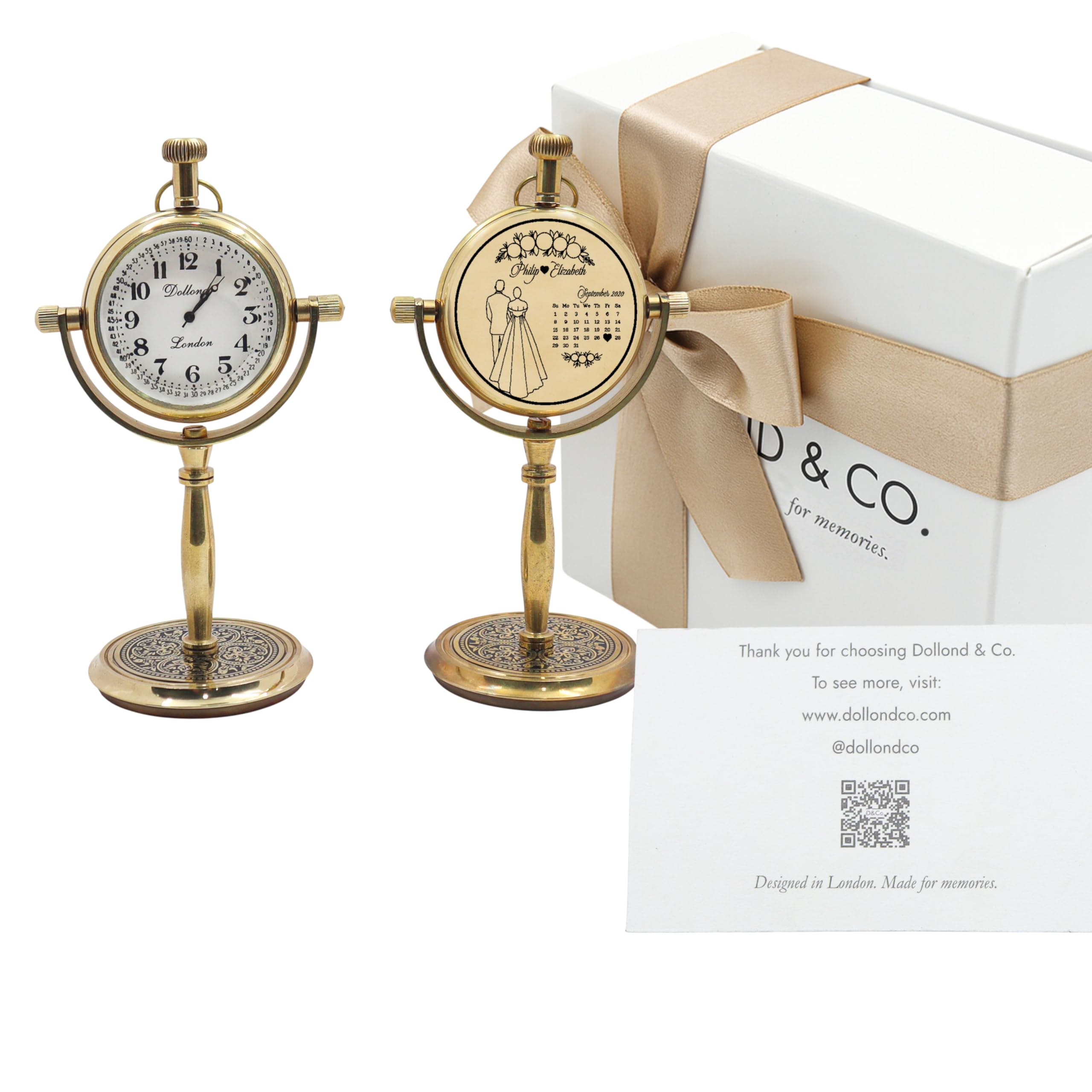 DOLLOND & CO. Personalised Desk Clock with Engraved Date – Custom for Him Her – Wedding Keepsake with Calendar – Valentine, Engagement, Couple Gift – Customisable Table Clock (Brass)