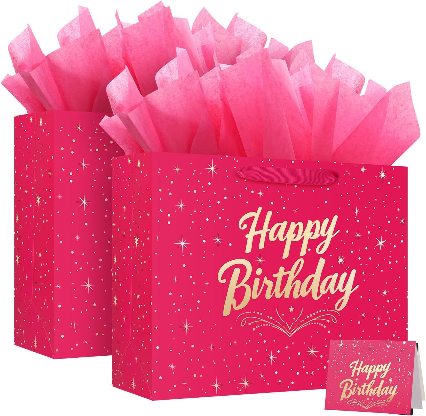 Large Happy Birthday Gift Bag with Tissue Paper and Greeting Card, 2PCS Pink Gift Bag for Men Women Birthday, Party, Medium size