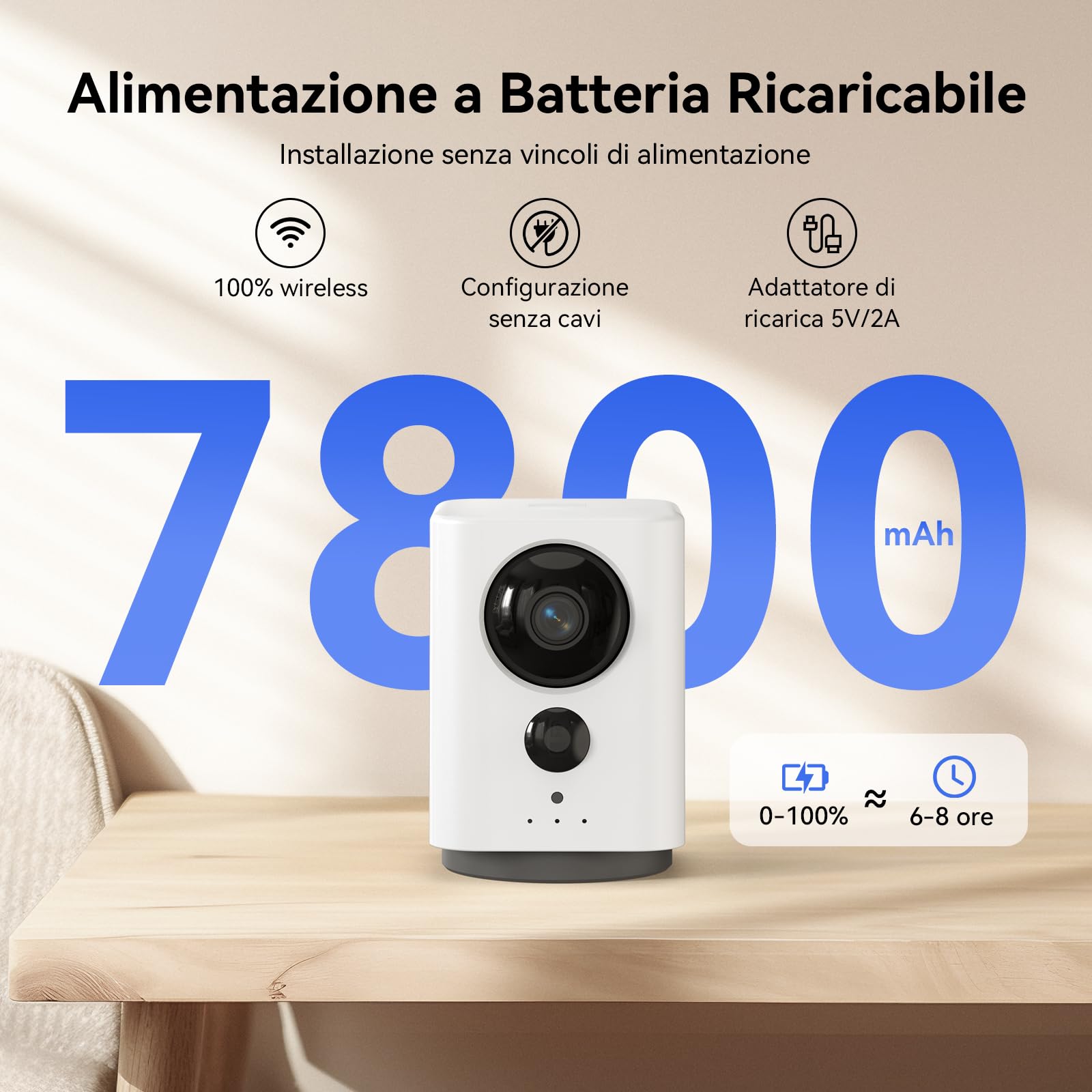 Tical 2K Telecamera Wi-Fi Interno senza Fili con Batteria 7800mAh, 360° PTZ Telecamera Interno senza Fili, Ricaricabile Videocamera Sorveglianza