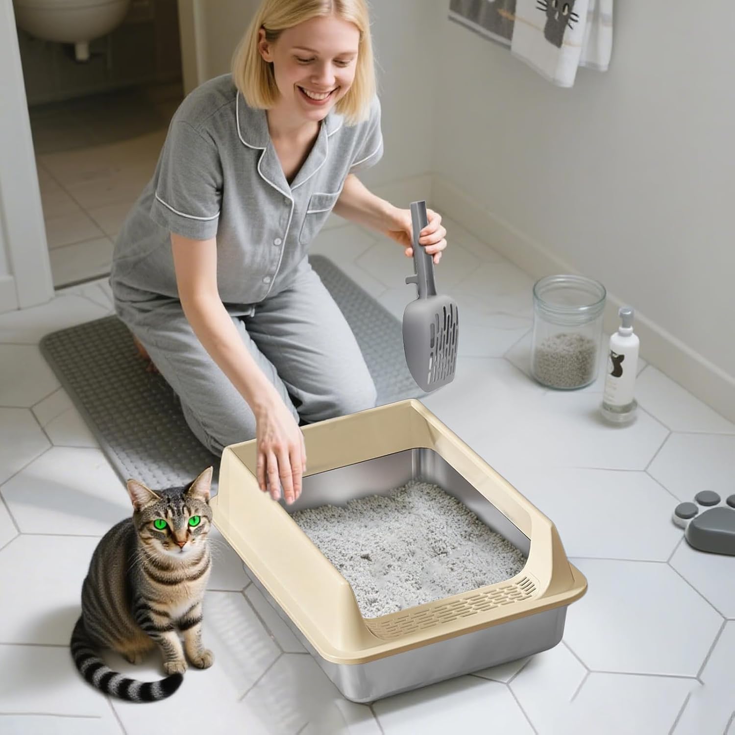 Litter Box, Semi-Enclosed Cat Litter Tray, Large Stainless Steel Pan with Scoop, Pet Supplies for Indoor Use, Odor Control, Kittens Cats in Home, Living Room, Balcony, Apartment, and Farmhouse 6 71Q1e1289bL. AC SL1500