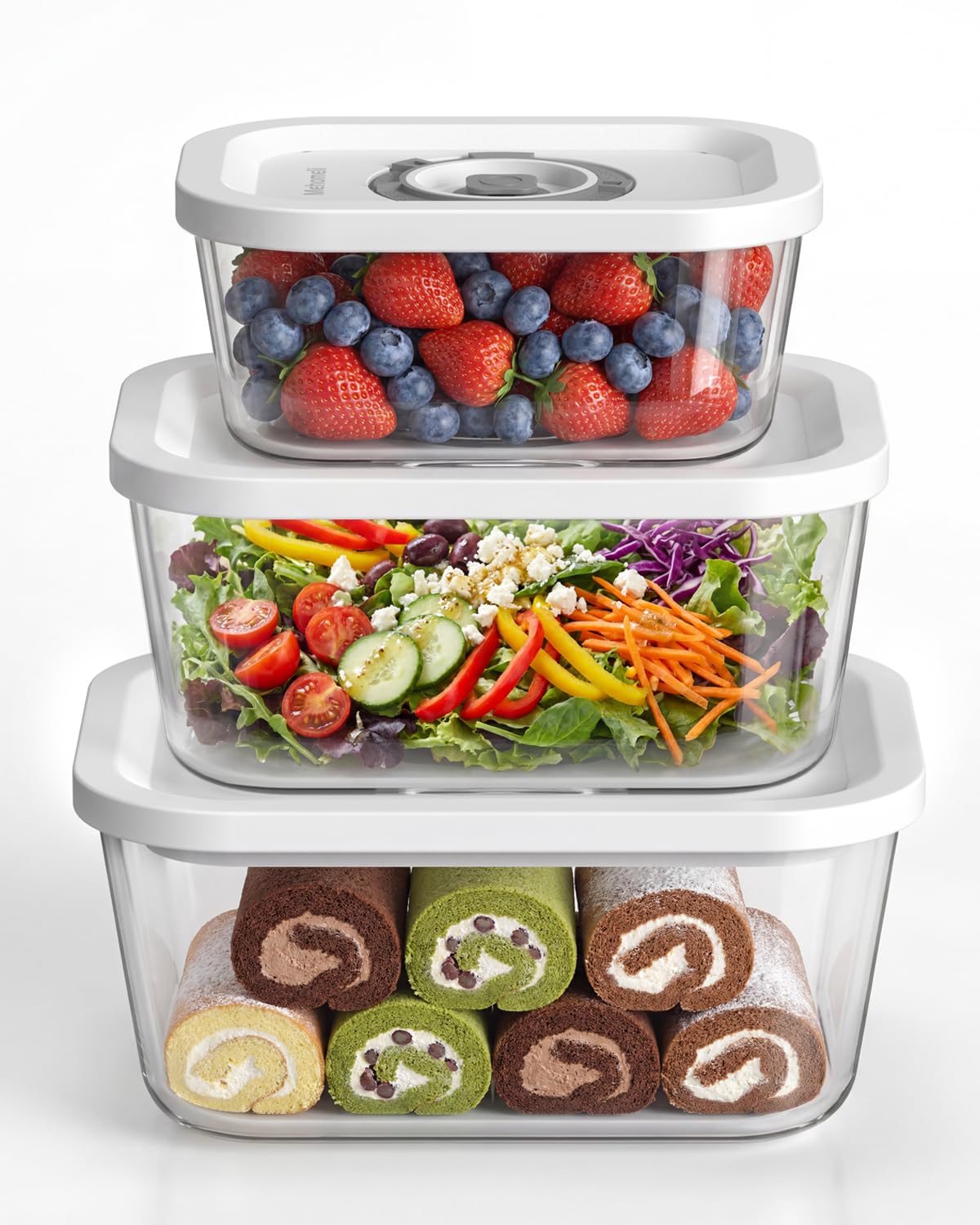 Mehomeli Glass Vacuum Seal Containers, 3-Piece Set, Small Medium Large