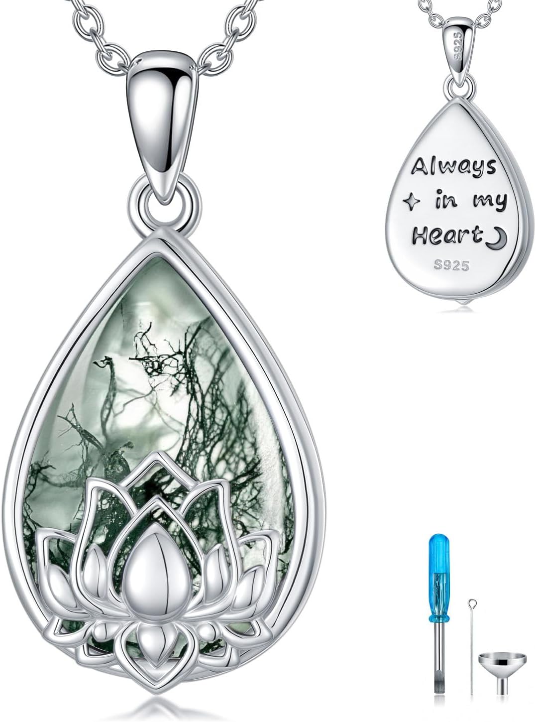 Dorunmo Urn Necklace for Ashes 925 Sterling Silver Moss Agate Cremation Jewelry Keepsake Pendant Memorial Necklace for Human Pet Ashes Sympathy Gift Jewelry for Women Men