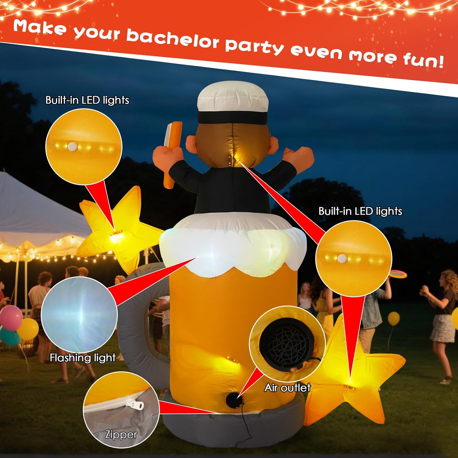 6FT Gentleman Sitting on Beer Mug, Built-in LED Lights and Colorful Flashing Lights, Bachelor Party Inflatable Decoration, Suitable for Outdoor, Garden, Yard Lawn Decoration