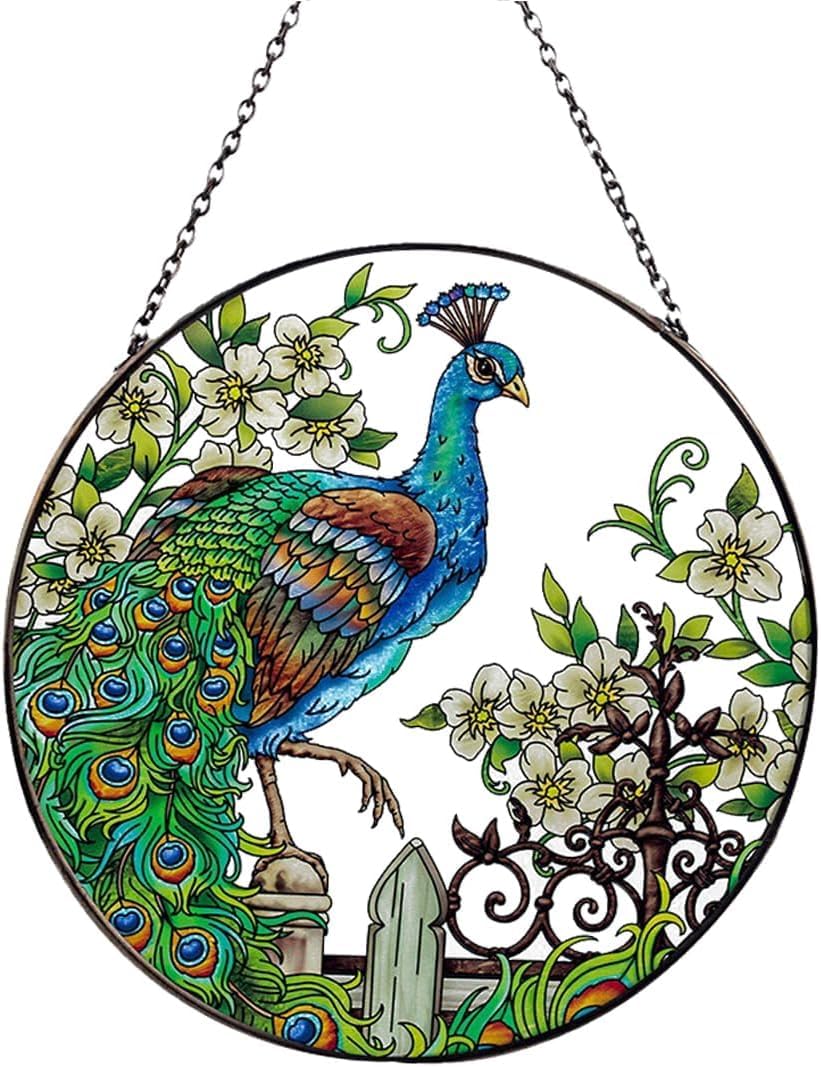 Yeyert Multicolored Flower Peacock Stained Windows Hanging Suncatcher,Christmas Flower Leaf Suncatchers Window Ornament Glass Panel Sun Catcher Wall Hanging Decor Birthday Gift