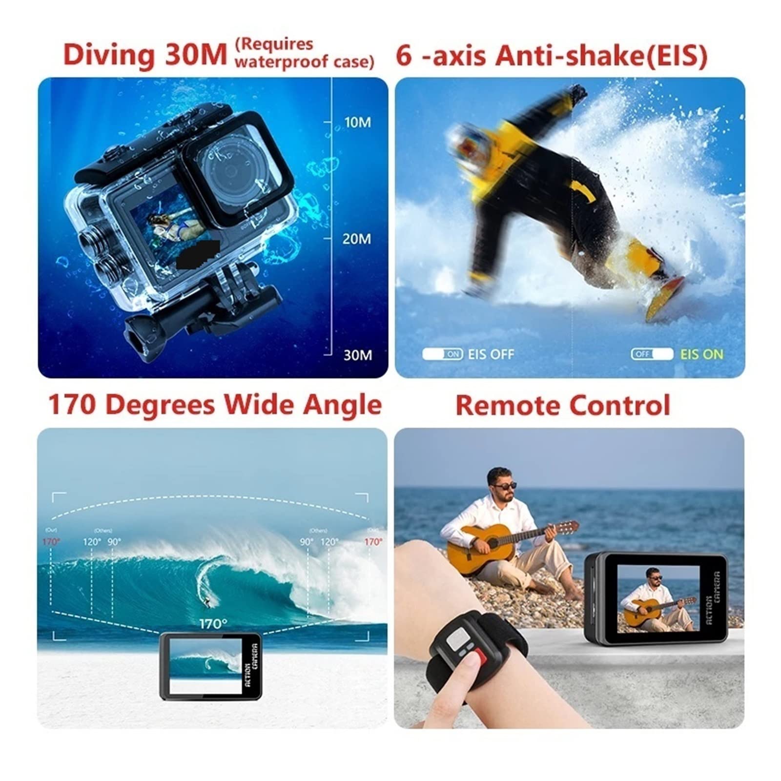 Kamera sportowa ze stabilizacją obrazu, Kamera akcji S81ER 4K 60FPS EIS wideo z opcjonalnym filtrem obiektywu 24MP Zoom 1080P kamera internetowa Vlog kamera sportowa z pilotem Wysoka liczba klatek na