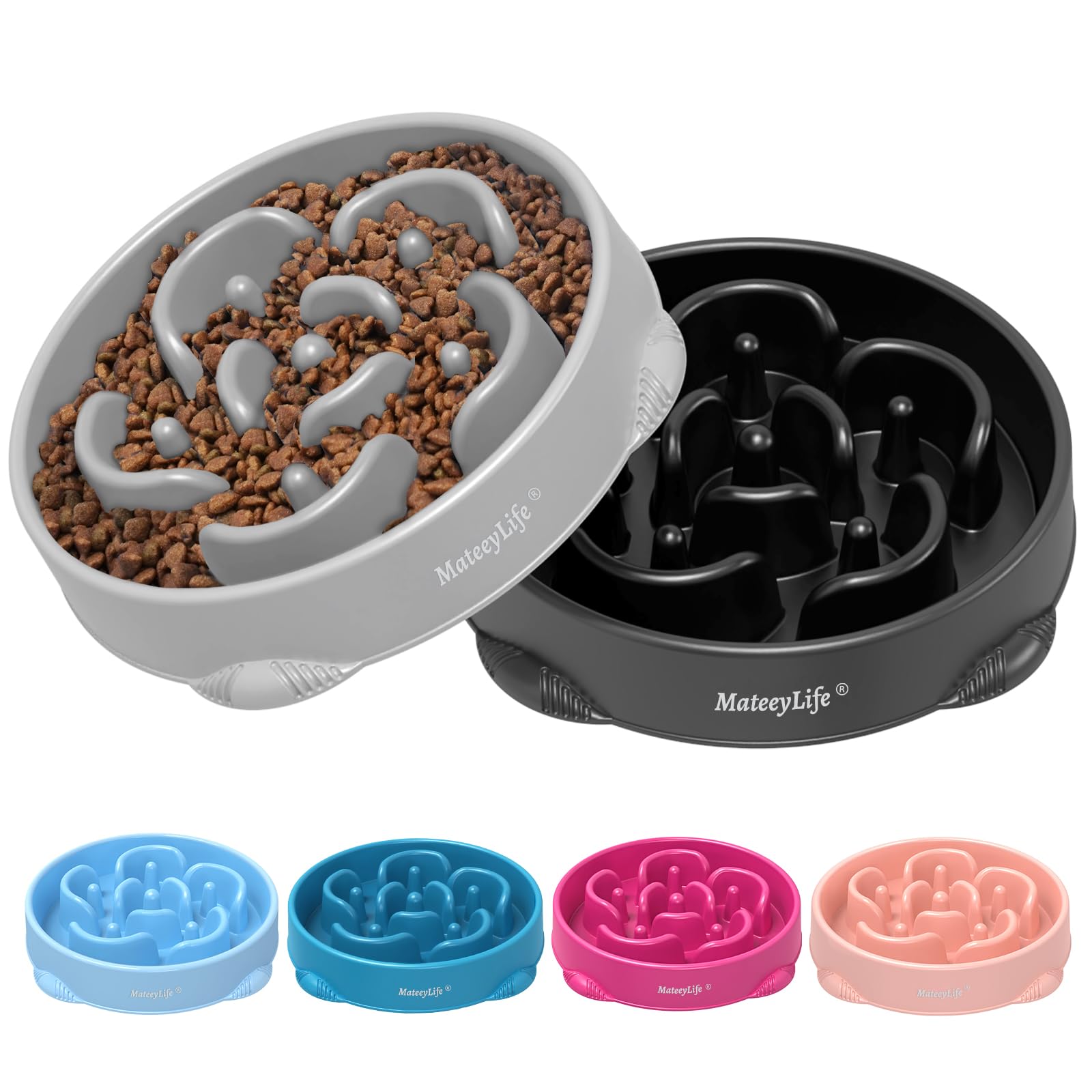 MateeyLife Large Slow Feeder Dog Bowls 2PCS, Anti-Choking Puzzle Dog Food Bowls, Anti-Slip Interactive Feeding Slow Down Eating, Bloat Stop Maze Dishes for Large Breeds 4 Cups Gray&Black