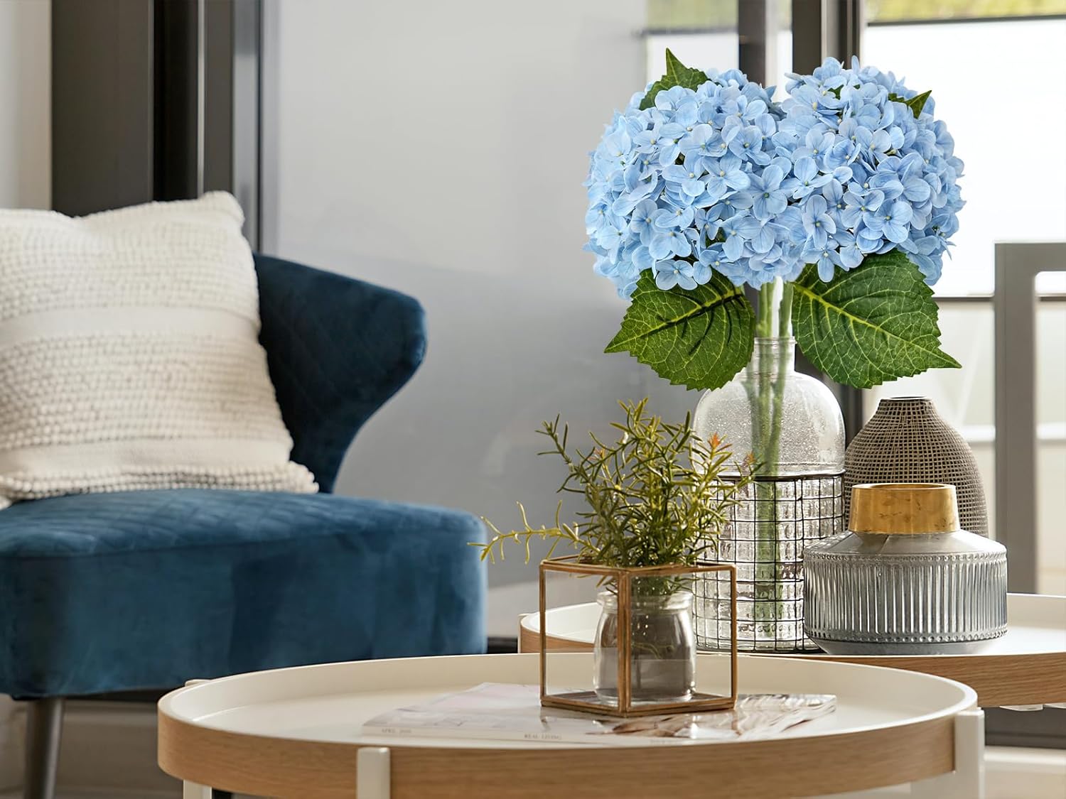 ZYTUYO 20 inches 4 Pcs Sky Blue Real Touch Hydrangea Artificial Flowers Boho Lifelike Real Looking Latex Hydrangeas Flower with Long Stem for Home Decor Spring Table Centrepiece