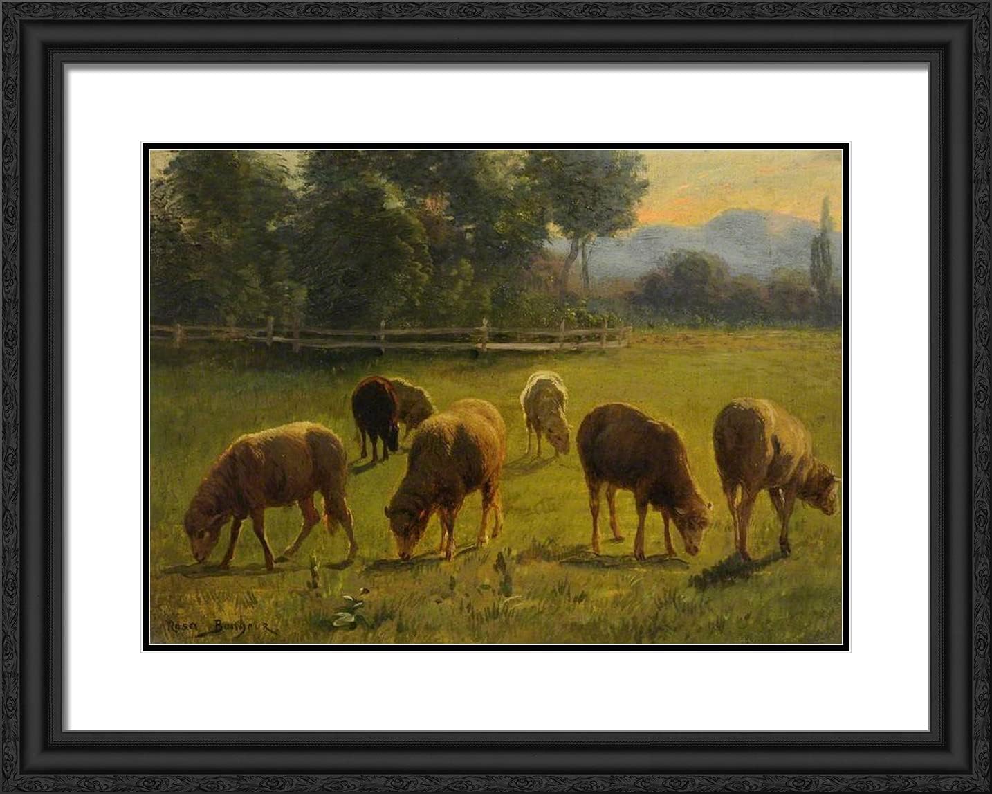 ArtDirect Bonheur Rosa 24x19 Black Ornate Framed Art Print with Double Matting Titled: Sheep in a Landscape