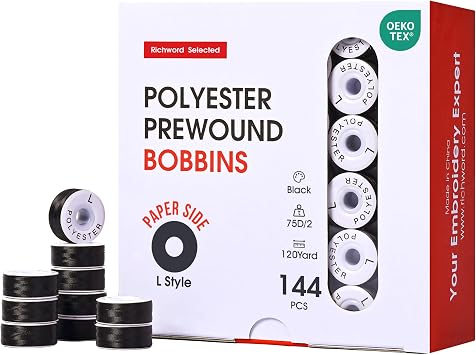 Poolin Prewound Bobbins, Richword Selected Black Cardboard Sided 144pcs Size LSA155, 75D/260WT Polyester Bobbin Thread for Commercial Multi Needles Embroidery Machine, 115 Yards
