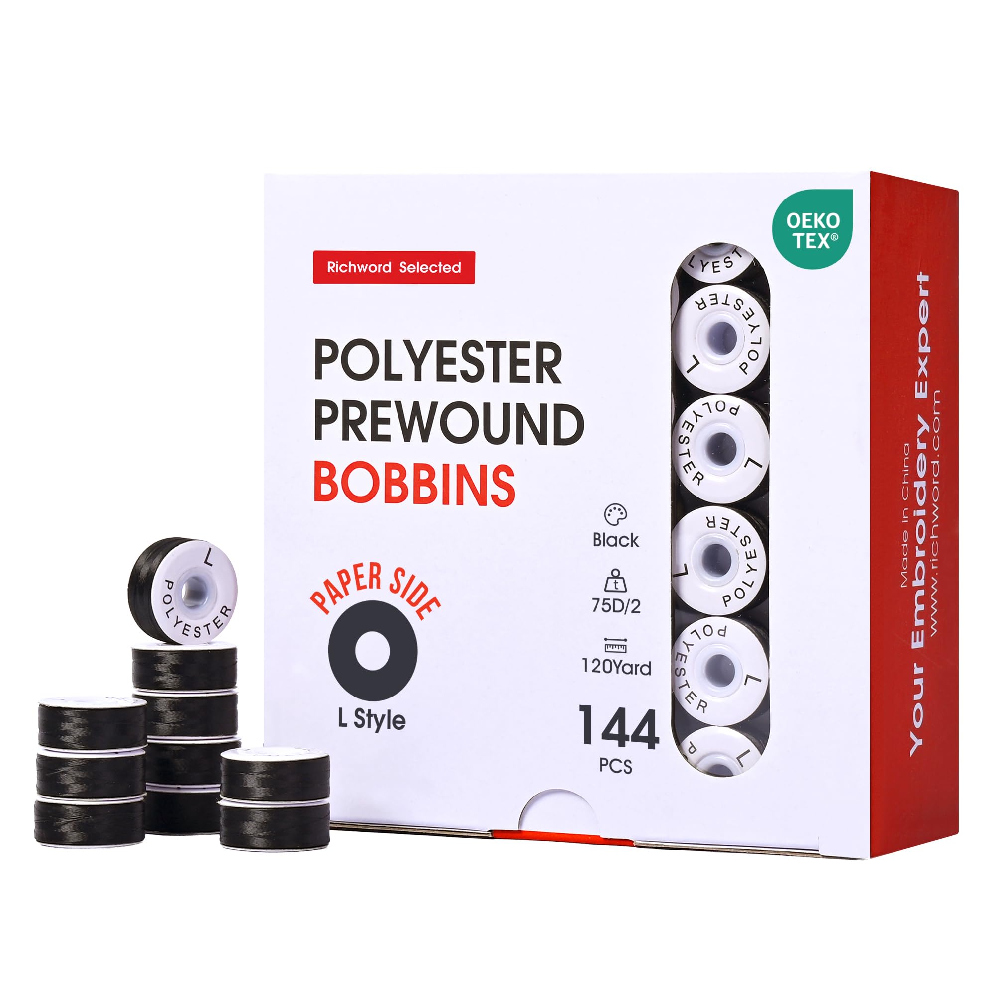 Poolin Prewound Bobbins, Richword Selected Black Cardboard Sided 144pcs Size L(SA155), 75D/2(60WT) Polyester Bobbin Thread for Commercial Multi Needles Embroidery Machine, 115 Yards