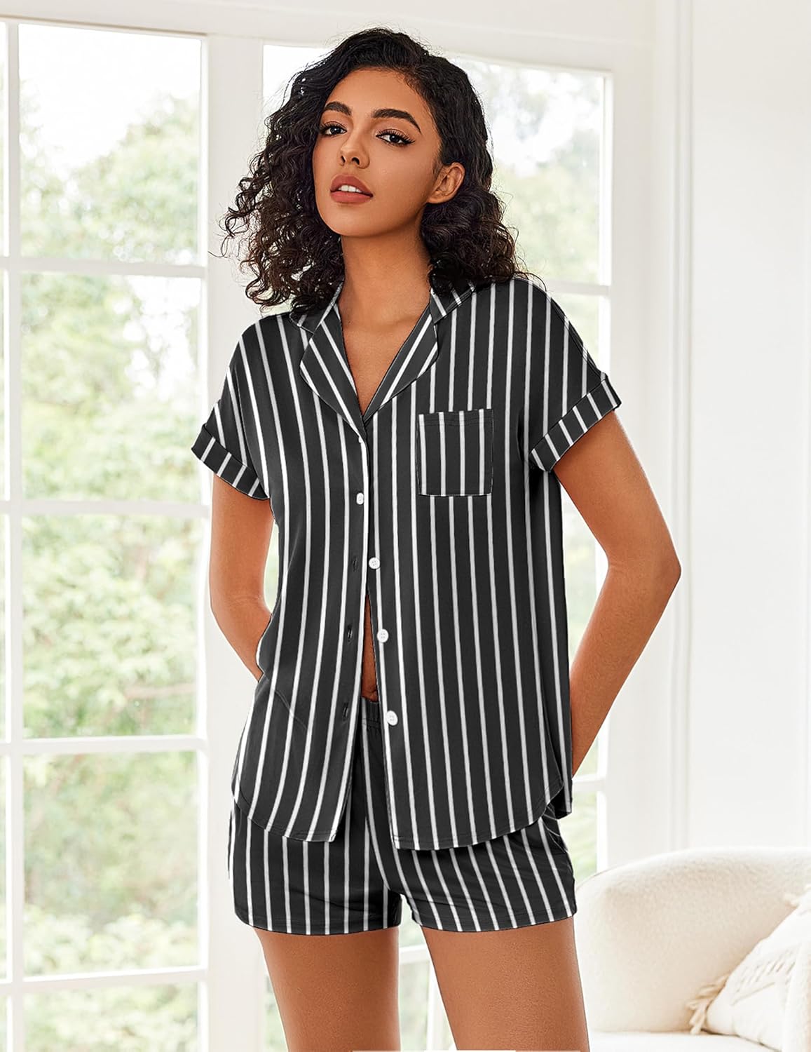 Ekouaer Womens Button Down Pajamas Set 2 Piece Sleepwear Short Sleeve Pjs Soft Stripe Lounge Sets - Image 3