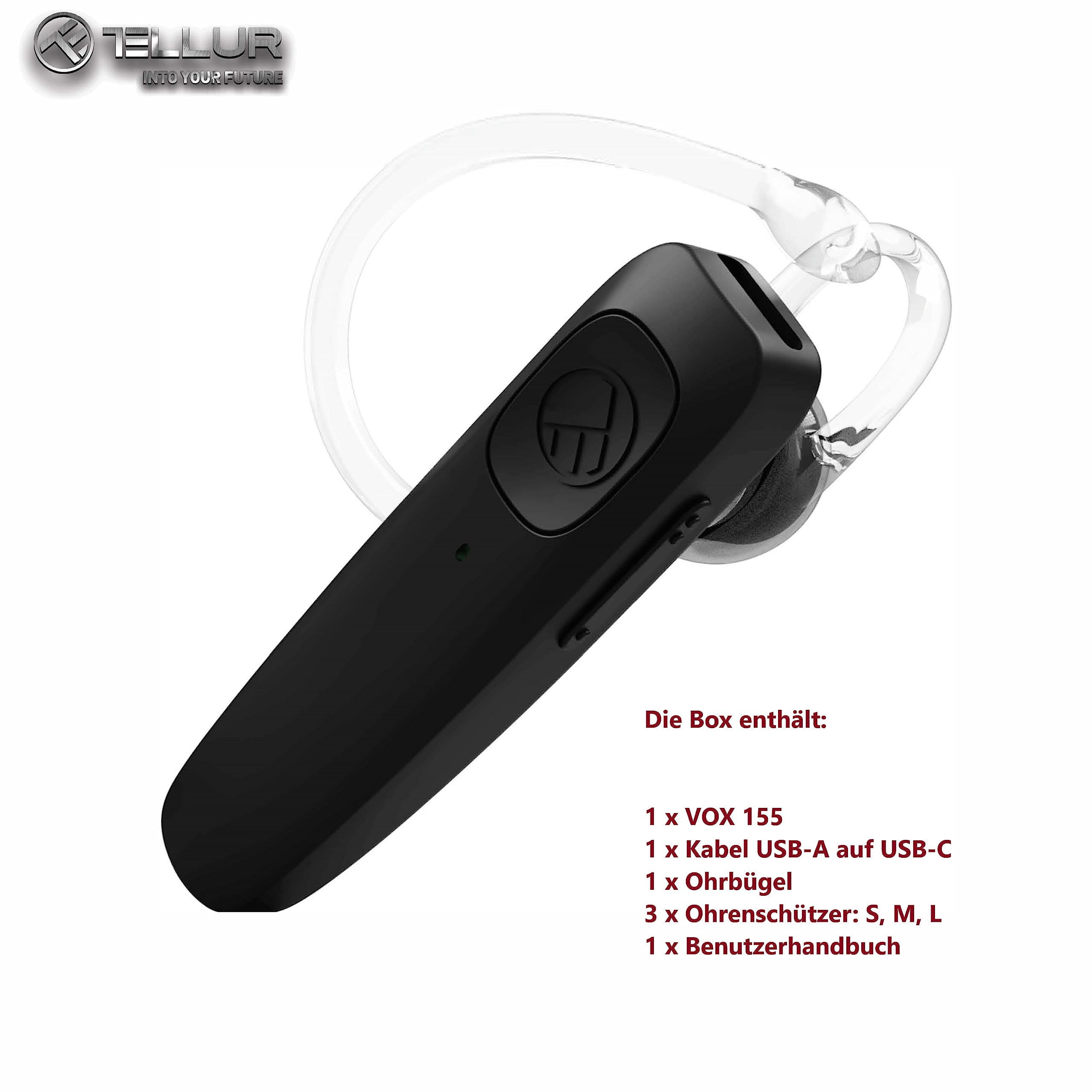 TELLUR VOX 155 Headset Bluetooth Handy, Headset für Handys USB-C, Multipoint-Zwei verbundene Geräte gleichzeitig, 360° Drehung des rechten oder linken Ohrs, IOS, Android und Computer