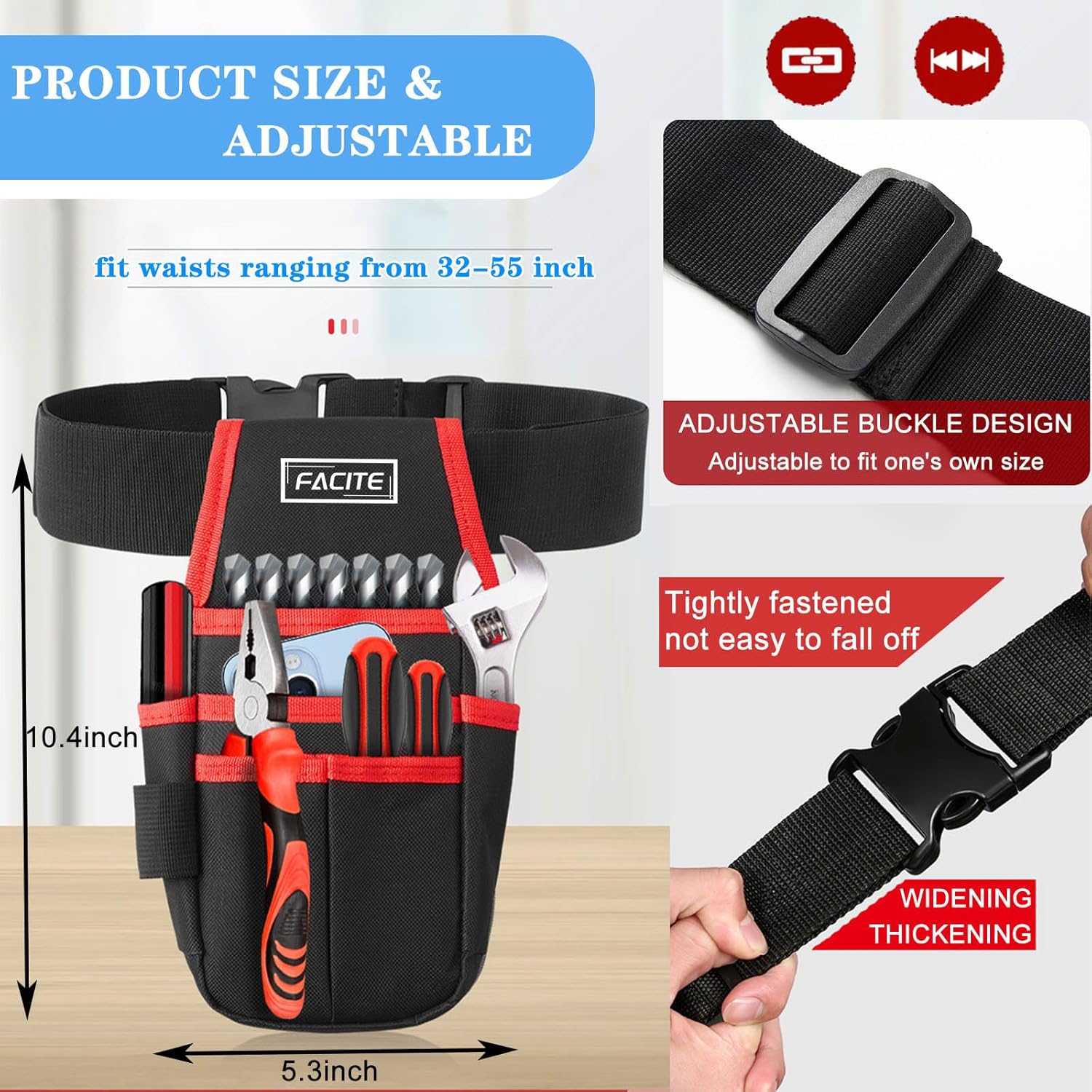 Electrician Tool Pouch with Belt Clip Tool Belt Pouches for Men Small Tool Pouch Holder Mini Oxford Waist Bag for Tool 7 Pockets& Loops Adjustable Utility Tool Organizer Bag Carpenter