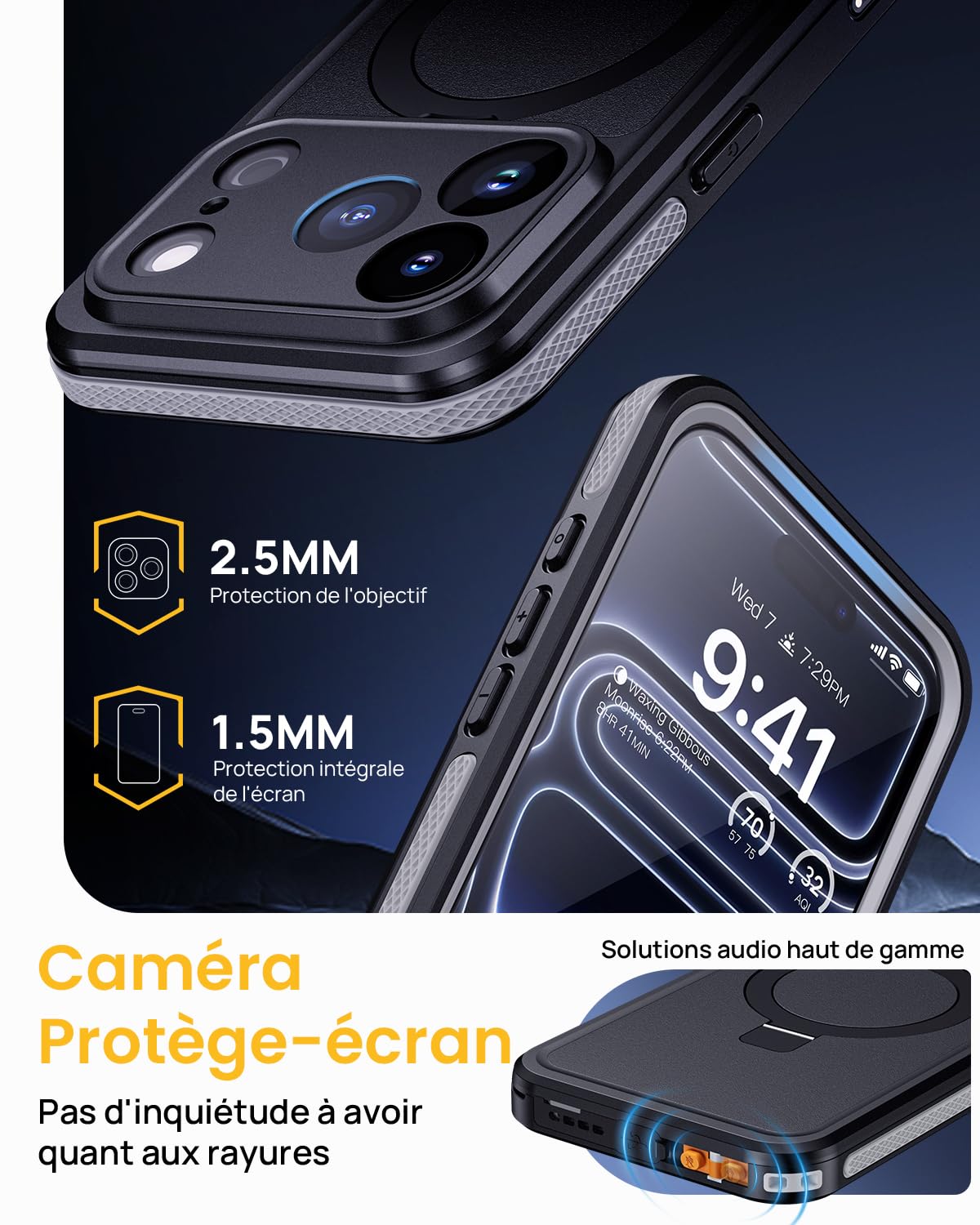 Lanhiem Coque pour iPhone 17 Pro Étanche avec Anneau Support [IP68 Imperméable] 360 Indestructible Antichoc Integral Antipoussière Anti-Neige Waterproof Etui avec Renforcée Protection écran,Noir