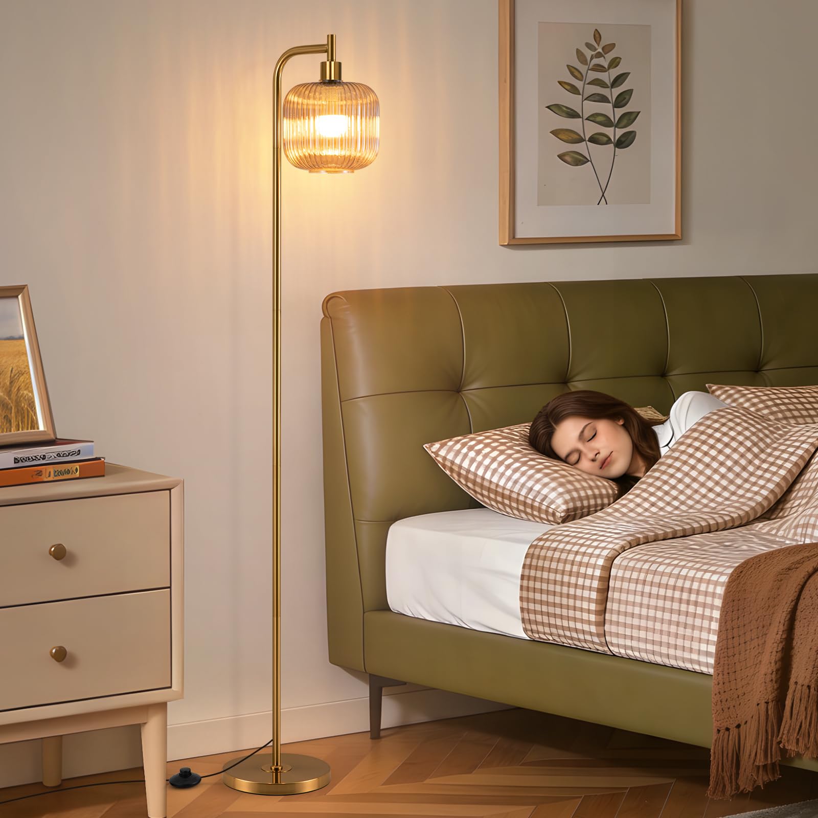 Retro LED Stehlampe Dimmbar, 160cm Vintage Stehlampe Wohnzimmer Mit Bernstein Glaslampenschirm, Fußschalter, Fernbedienung, 2700K-6500K, Moderne Stehlampen für Wohnzimmer Schlafzimmer Büro